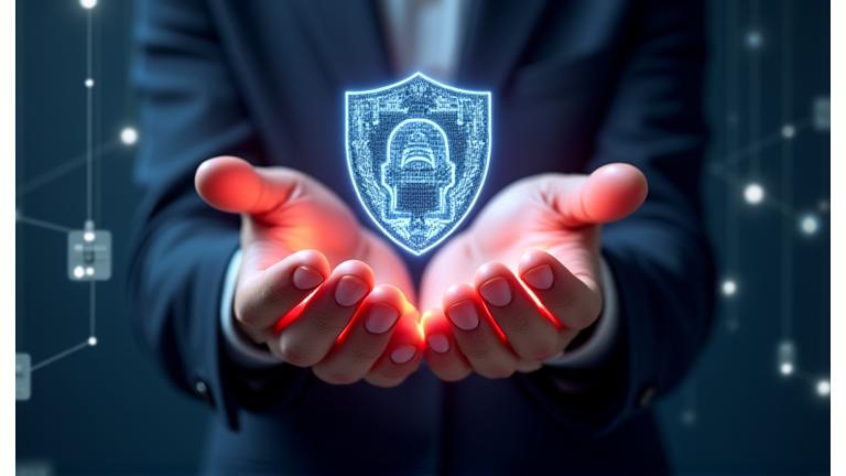 Ilustración de manos protegiendo datos digitales con un escudo y engranajes, simbolizando seguridad y privacidad en AndinaPulse Fitness.