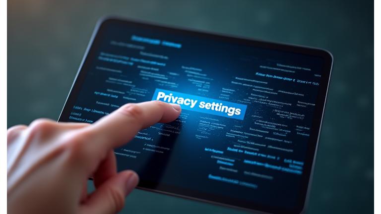 Una persona sentada frente a un ordenador, haciendo clic en un botón de 'Configuración de Privacidad', simbolizando el control del usuario sobre sus datos.