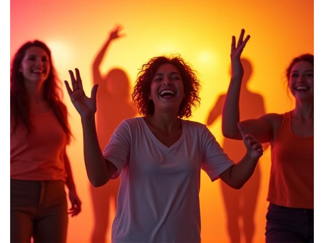 Grupo de personas sonriendo y bailando en una clase de danza fitness virtual