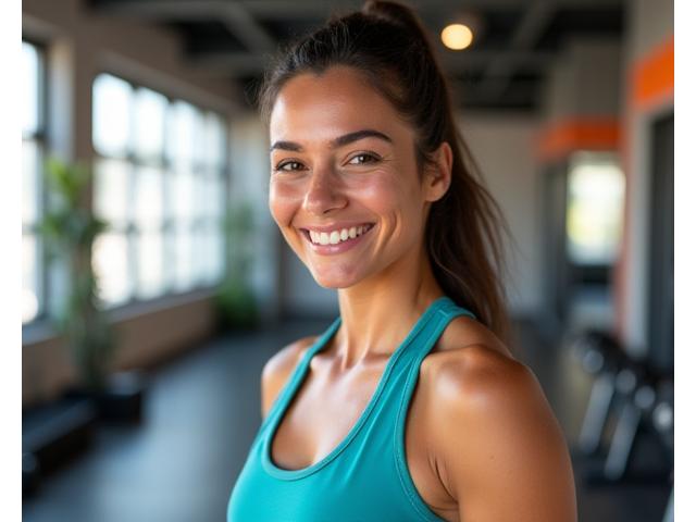 Instructor Laura Garcés sonriendo y en posición de fitness