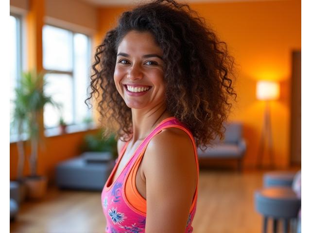 Instructor Sofía Vargas sonriendo y levantando las manos en un gesto de baile