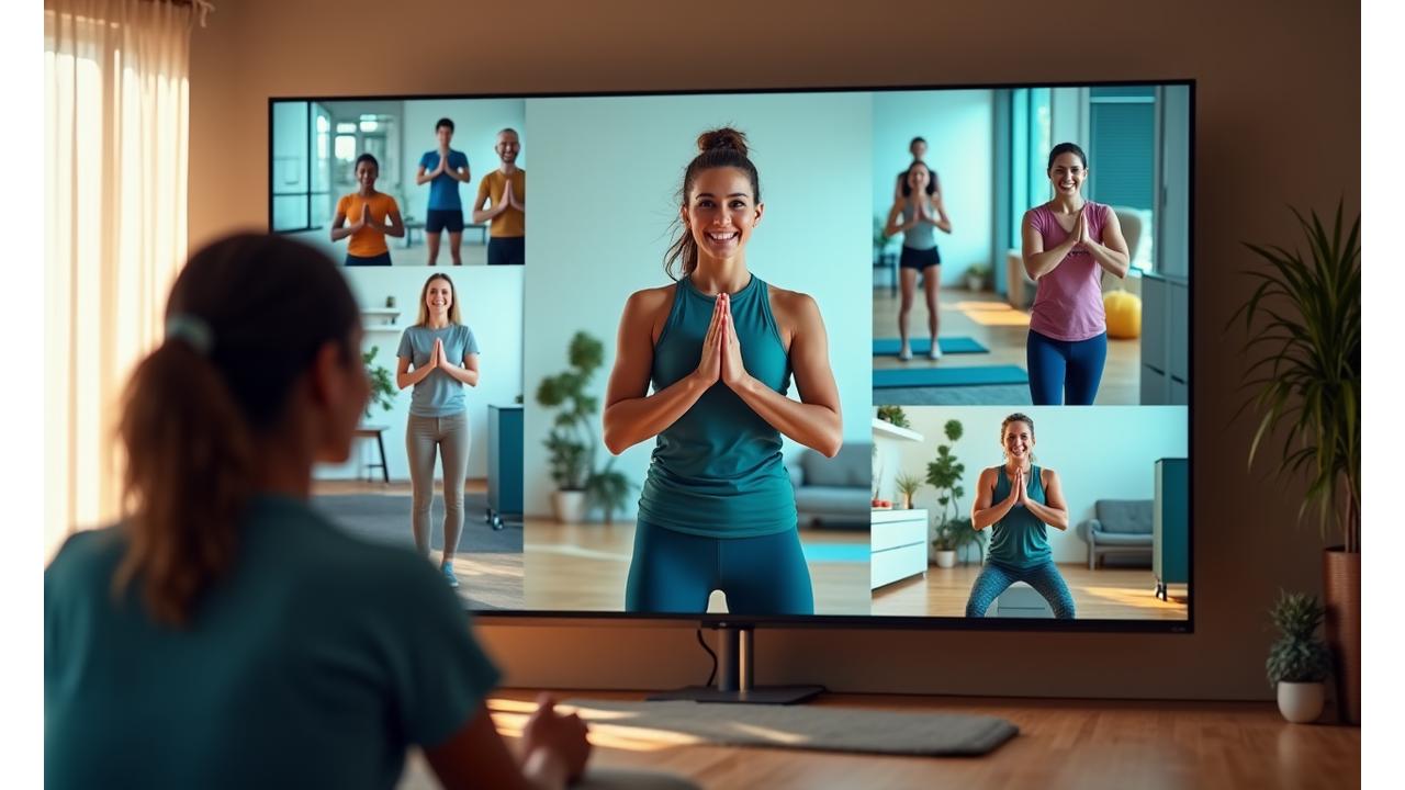 Múltiples personas entrenando vigorosamente en una clase virtual en vivo, con la pantalla dividida mostrando al instructor y varios participantes en sus hogares