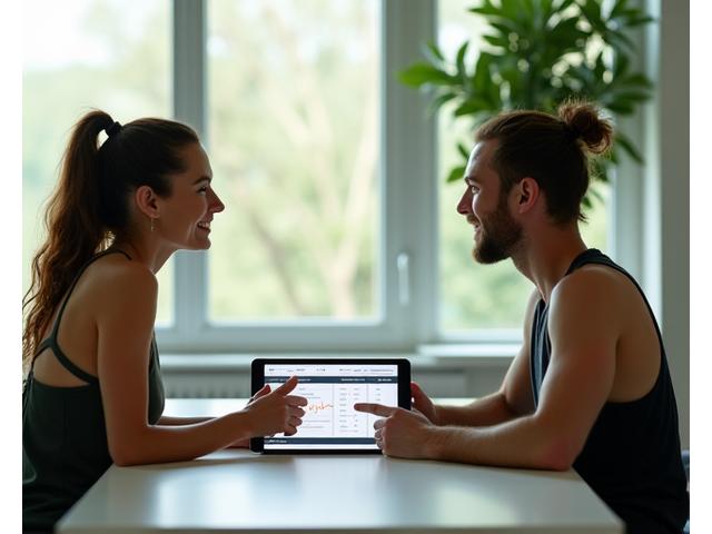Consultor de fitness explicando un plan a un cliente satisfecho