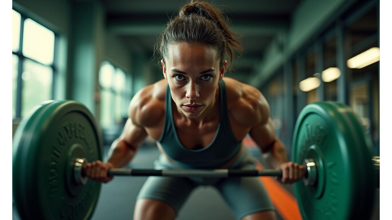 Atleta en una pose de poder, levantando pesas, con un efecto de movimiento que sugiere dinamismo y fuerza.
