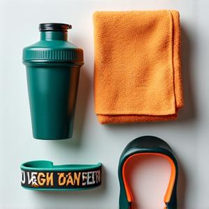 Variedad de productos de fitness como shakers, ropa deportiva, y bandas de resistencia, sobre un fondo vibrante.