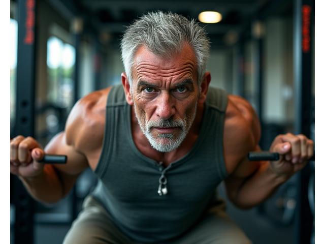 Un hombre de mediana edad realizando un levantamiento de pesas con una sonrisa de satisfacción, mostrando confianza y buena forma.