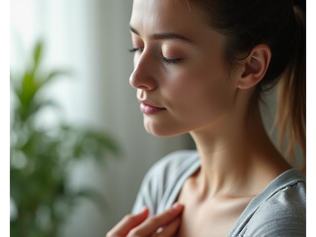 Persona realizando una técnica de respiración profunda con calma y enfoque.