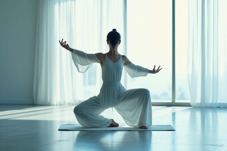 Atleta realizando una postura de yoga fluida con enfoque y gracia, en un entorno de gimnasio con luz natural.