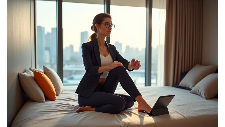 Mujer ejecutiva haciendo un ejercicio de bajo impacto en un moderno salón de hotel, con una tablet mostrando una rutina de AndinaPulse.