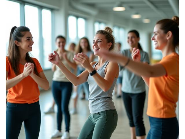 Un equipo de ejecutivos sonriendo y participando en una sesión de entrenamiento ligero y divertido en un ambiente de oficina moderno.