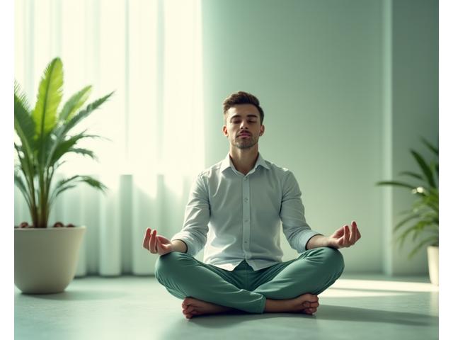 Ejecutivo practicando una postura de yoga consciente en un espacio de oficina sereno para el manejo del estrés.