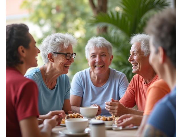 Grupo de adultos mayores riendo y conversando después de una clase de ejercicio