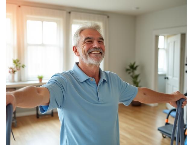 Adulto mayor realizando ejercicios de flexibilidad con ayuda