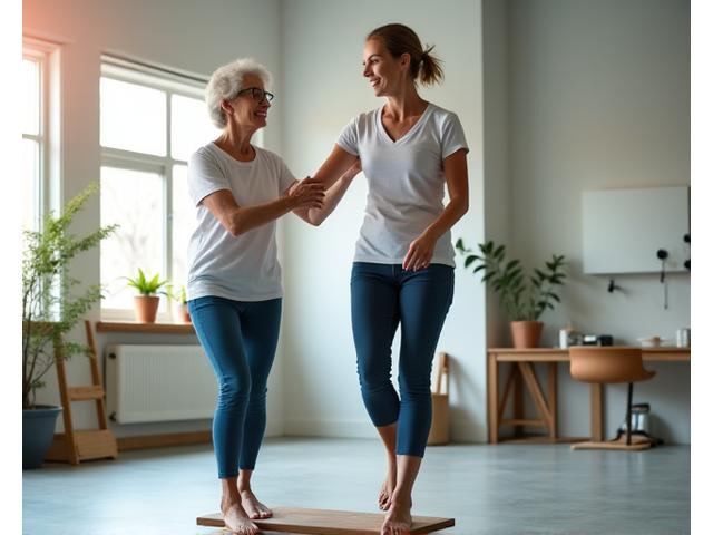 Adulto mayor realizando ejercicios de equilibrio con supervisión