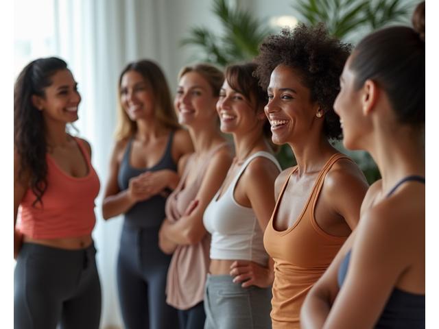 Grupo diverso de mujeres sonriendo y entrenando en un gimnasio espacioso y bien iluminado, mostrando un ambiente de apoyo y respeto.