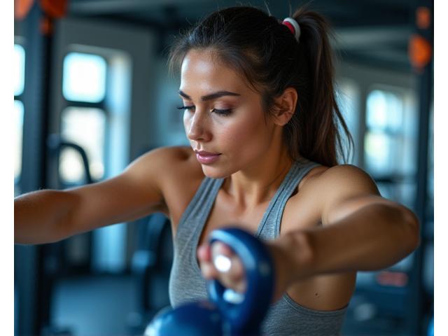 Mujer sonriente y atlética levantando una pesa con técnica perfecta, mostrando músculos tonificados y fuerza, en un gimnasio moderno.