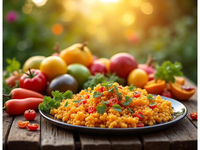 Una mesa llena de frutas exóticas colombianas y un plato de comida saludable con ingredientes locales.