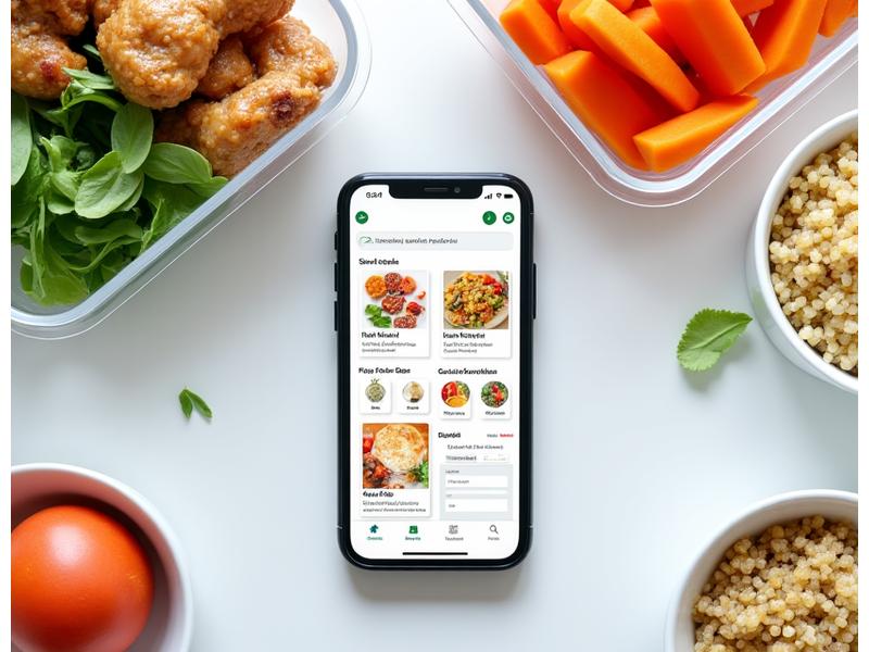 Representación de una aplicación móvil con diferentes opciones de menú y listas de compras, sobre una mesa con alimentos frescos.