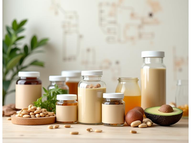 Varios frascos de suplementos nutricionales dispuestos ordenadamente con frutas y pesas de fondo.