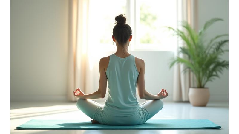 Persona meditando pacíficamente en una posición de loto, con luz suave, simbolizando el coaching mental y enfoque en el bienestar.