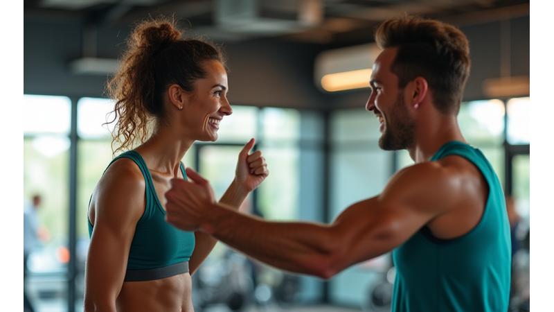 Entrenadora de AndinaPulse motivando con una sonrisa a su cliente mientras este logra una repetición difícil, ambiente de apoyo y energía.