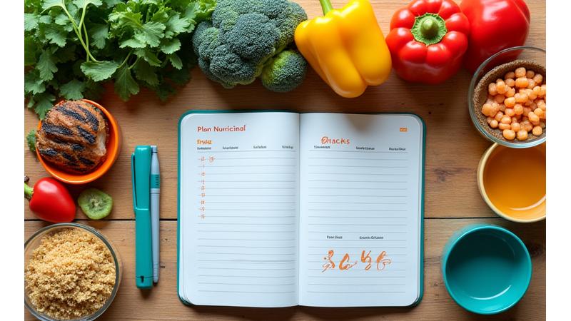 Mesa con alimentos saludables como frutas, verduras, proteínas magras y un diario de nutrición, representando el coaching nutricional integrado.