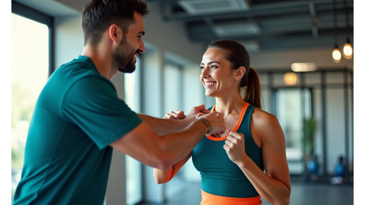 Entrenador personal de AndinaPulse Fitness guiando a un cliente en un entrenamiento funcional, ambos sonriendo y con energía en un gimnasio moderno de Bogotá.
