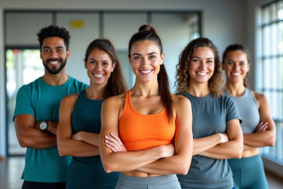 Grupo diverso de entrenadores de fitness de AndinaPulse, sonriendo y en ropa deportiva, transmitiendo profesionalismo y diversidad.
