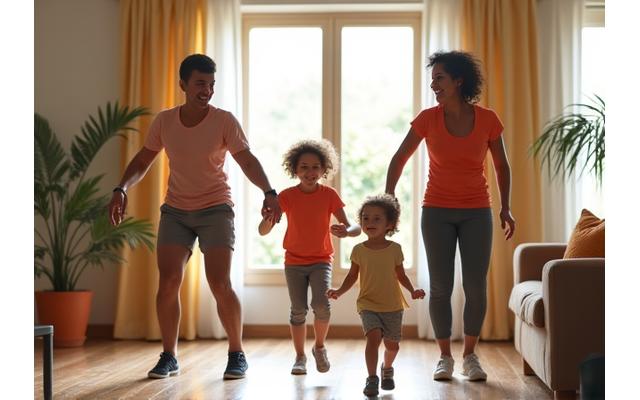 Familia de diferentes edades haciendo ejercicio juntos en la sala de su casa, riendo y disfrutando de la actividad física. Ambiente luminoso y motivador.