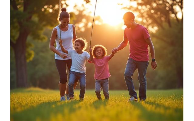 Padres e hijos con ropas deportivas y sonriendo en un parque o jardín, simbolizando la unidad familiar y el ejercicio al aire libre.