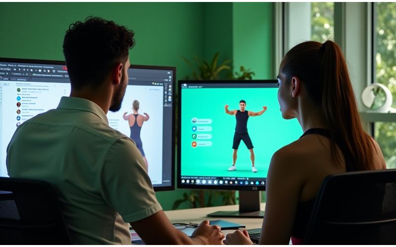 Entrenadores de AndinaPulse Fitness monitorizando sesiones de entrenamiento virtual en pantallas, ofreciendo corrección de postura en tiempo real y soporte técnico a distancia.
