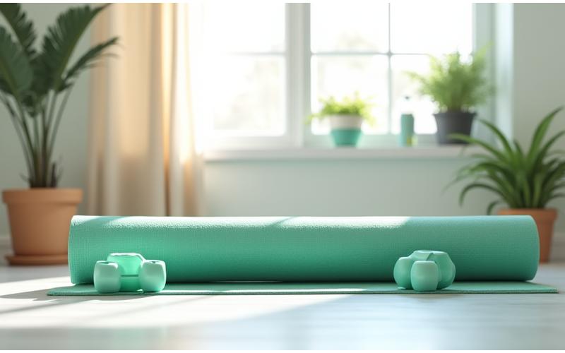 Espacio de entrenamiento en casa limpio y motivador con poco equipamiento, luz natural, una esterilla, pesas ligeras y plantas para un ambiente relajante y funcional.