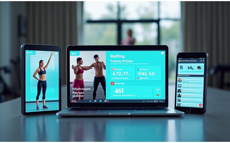 Pantallas de computadora, tablet y smartphone mostrando la plataforma de entrenamiento virtual de AndinaPulse Fitness con un entrenador en vivo y gráficos de progreso de fondo