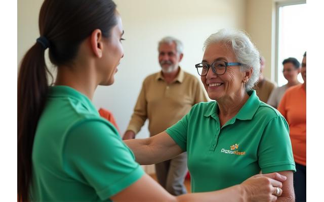 Voluntarios de AndinaPulse Fitness interactuando con adultos mayores en un centro comunitario.