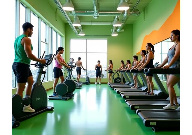 Vista panorámica del gimnasio AndinaPulse Fitness, mostrando equipos modernos y personas interactuando positivamente.