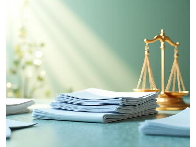 Marco legal claro con balanza de justicia y documentos.