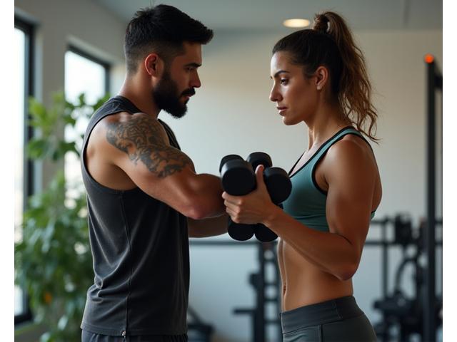 Entrenador de AndinaPulse Fitness demostrando un ejercicio con pesas.